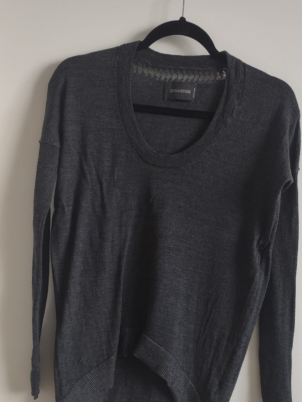 Zadig & Voltaire Charcoal Scoop Neck Merino Wool Lightweight Sweater